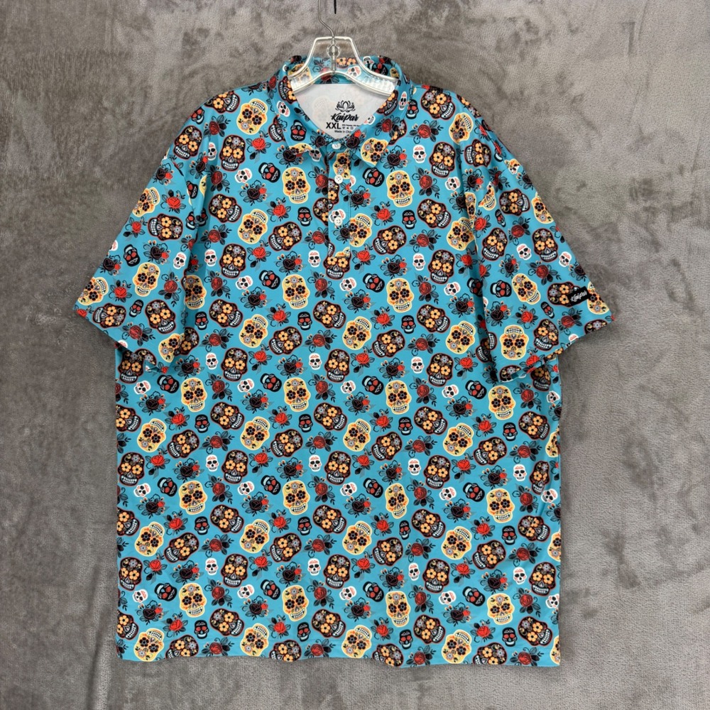 Kaipar Mens XXL Golf Polo Shirt Sugar‎ Skull Day of the Dead Floral Blue Stretch